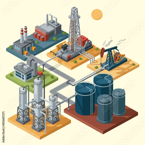 Isometric illustration of the oil and gas industry process, showing drilling, extraction, refining, and storage facilities connected by pipelines.