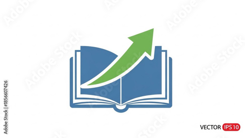 Blue open book with green upward trending arrow, vector illustration on white background