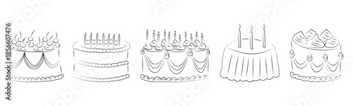 Set of hand drawn birthday cakes. Various decorated celebration desserts with candles and cream perfect for coloring pages, party invitations and bakery design