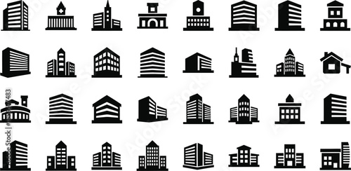 City skyline silhouette icons set with various building shapes and architectural styles