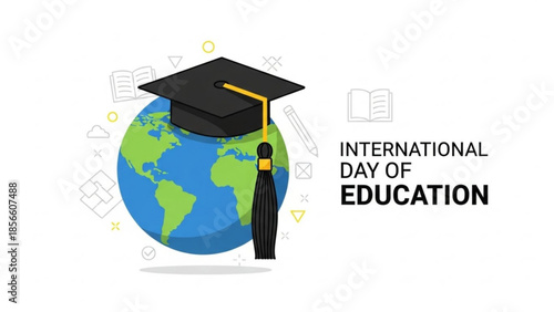 International day of education illustration with graduate on globe and education symbols