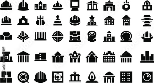 Silhouette icons of various buildings and objects in black on white background silhouette