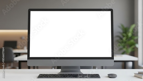 Modern office workspace with blank computer monitor on white desk