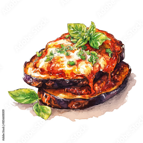 Watercolor vector illustration of Eggplant Parmesan, isolated on white background.