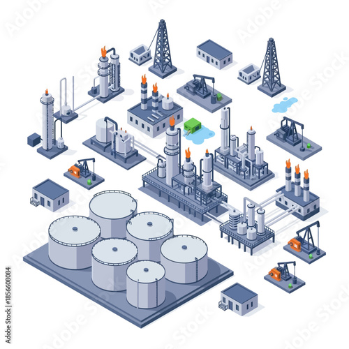 Isometric illustration of an oil and gas industry complex with refineries, storage tanks, and drilling rigs.