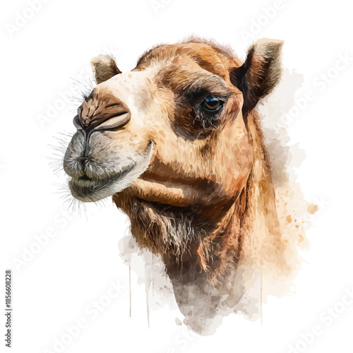 Dromedary Head, watercolor illustration, vector style, isolated on a white background.