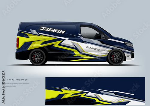 Stylish automotive wrap design showcasing dynamic stripe elements on a modern hatchback vehicle. Suitable for visual presentations related to transportation, vehicle customization, and graphic design 