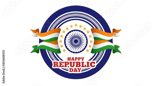 Republic Day patriotic circular emblem illustration with Ashoka chakra stars and Indian tricolor ribbon for national pride poster background design