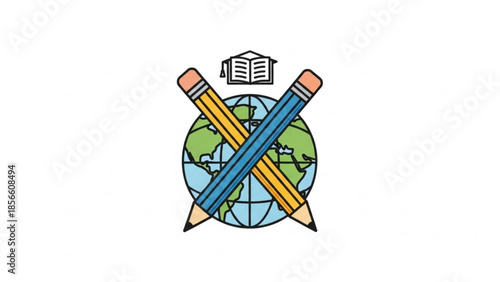 Global education concept with pencils and globe illustration, learning and knowledge worldwide, school supplies and international studies