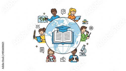 Diverse group of students learning around the world with books and graduation cap