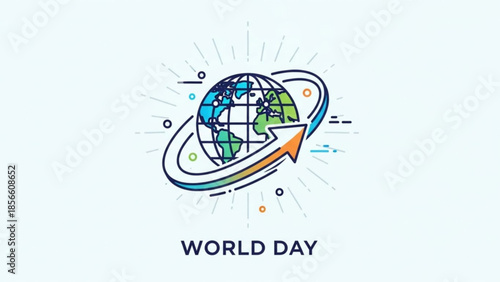 Vibrant illustration of globe with swirling arrow symbolizing global movement and world day celebration with colorful design elements