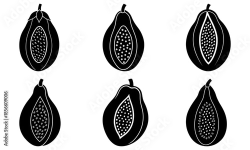 Five Black Pods with White Seeds on White Background silhouette