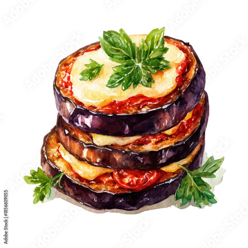 Eggplant Parmesan, watercolor illustration, vector style, isolated on a white background.