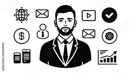 Businessman avatar in suit with global email dollar smartphone gear and chart icons in black and white
