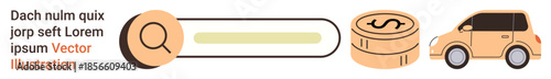 Online shopping, finance, car sales, investment, search tools, e-commerce. Search bar with magnifying glass, coins and car icons. Online shopping and finance concepts