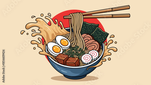 Delicious Japanese Ramen Bowl Illustration – Toppings, Noodles, and Broth
