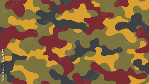 Camouflage pattern in various colors and shapes, a visually appealing abstract background with a military aesthetic