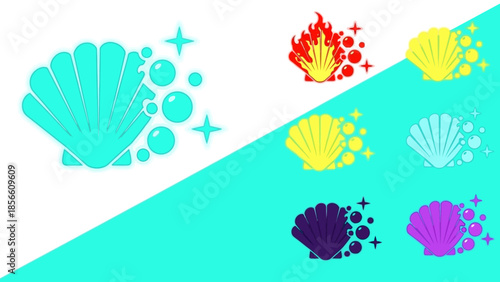 Collection of stylized seashell icons with sparkling bubbles and fire accents