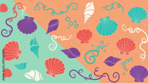 A delightful collection of colorful seashells and whimsical swirls on a pastel background, perfect for summer and beach-themed designs