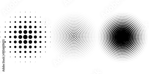 Set of halftone dots pattern texture isolated on white background. Dotted spots using halftone circle dot raster texture collection. Vector half tone collection.