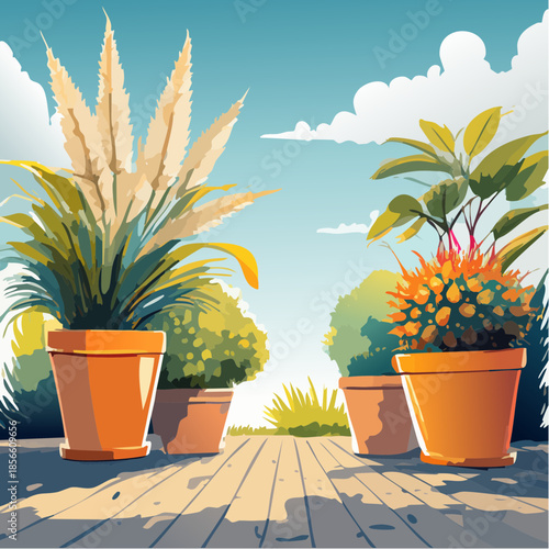 Vector illustration of decorative plants in pots on a wooden deck with a garden lifestyle theme and simple style