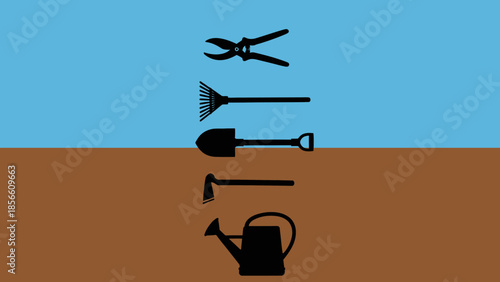 Illustration of gardening tools arranged on a split background of blue sky and brown soil