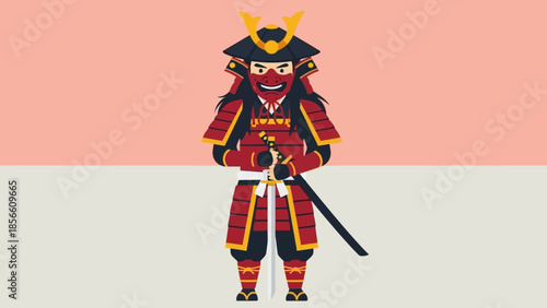 Japanese Samurai Warrior in Traditional Armor with Katana Sword