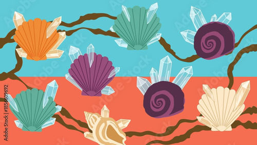A Whimsical Underwater Scene Featuring Colorful Seashells and Crystals Amidst Seaweed