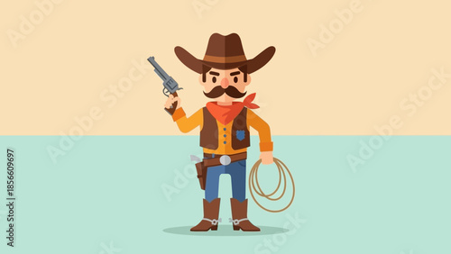 Retro Cowboy illustration with a pistol and lasso, ready for action against a split background