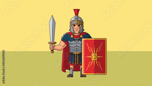 Cartoon Roman soldier with sword and shield, historical military illustration