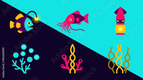 Colorful Flat Icons of Marine Life and Underwater Elements Set
