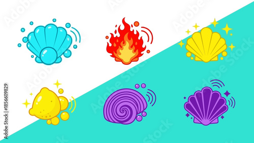 Set of six colorful digital icons featuring shells, fire, and a lemon