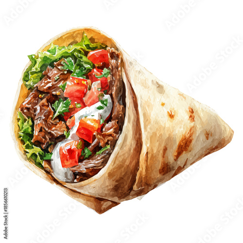 Watercolor illustration of Beef Shawarma, vector artwork, isolated on white background.