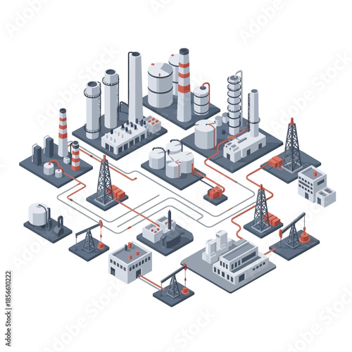 Isometric illustration of an oil and gas industry complex with rigs, refineries, storage tanks, and interconnected pipelines.