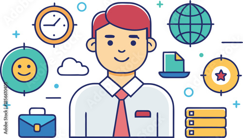 Businessman avatar with time globe smiley briefcase document target and server icons