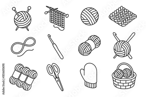 Knitting and crochet icons collection featuring yarn, needles, and tools.