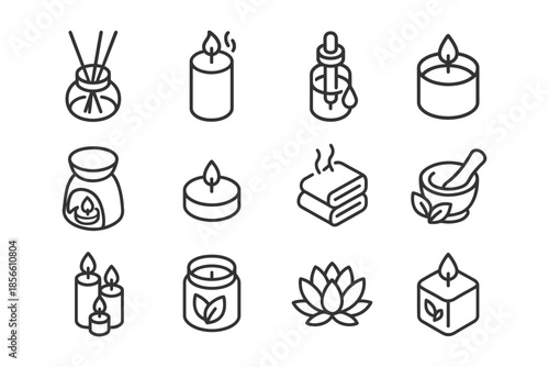 Aromatherapy and wellness icons featuring candles, diffusers, and spa elements.