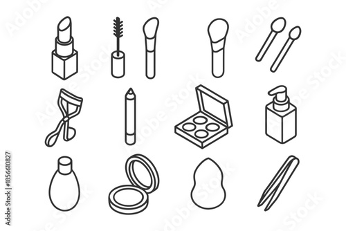 Outline icons of essential makeup tools and cosmetics.