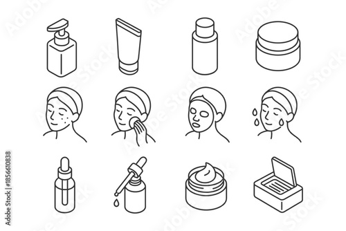 Skincare routine icons: cleanser, exfoliation, moisturizer, masks, serums, creams.