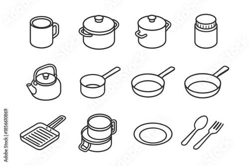 Line art kitchenware collection: mug, pots, pan, kettle, and cutlery.