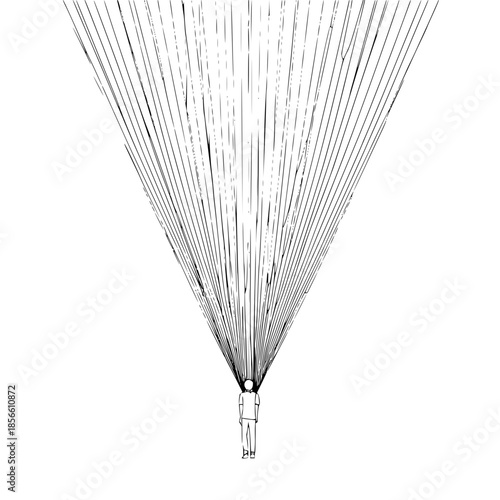 Person Descending with Parachute in Open Sky Surrounded by Vertical Lines with aerial view and adventure and thrill in freedom skydiving for extreme sports