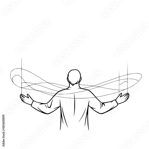 Man Manipulating Abstract Waves with Outstretched Arms in Minimalist Style with manipulation and line art and creativity in control fluid motion for artistic expression