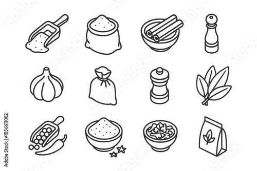 Set of line icons representing various kitchen spices and herbs.