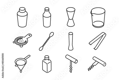 Set of barware line icons: shaker, jigger, strainer, muddler, corkscrew.
