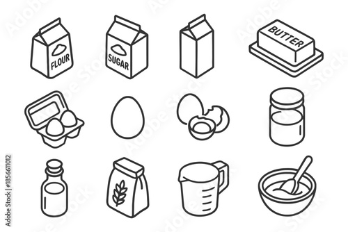 Essential baking ingredients: flour, sugar, eggs, butter, milk, and kitchen tools.