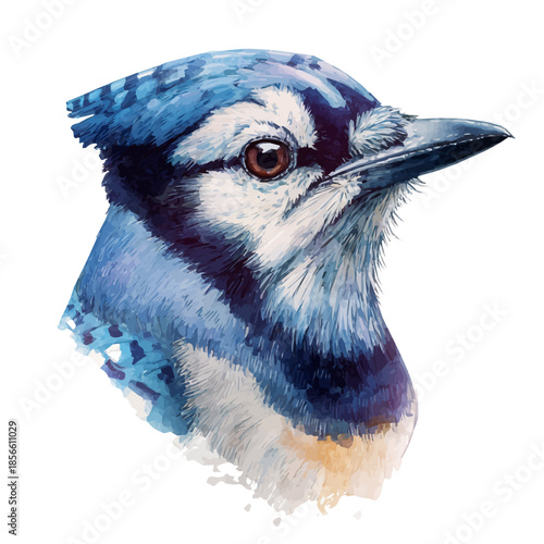 Blue Jay Head in watercolor style, vector illustration, isolated on white background.