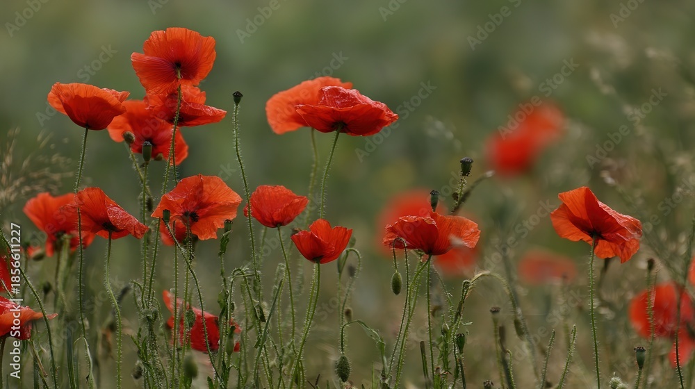 Fototapeta premium sedative. Field of poppy flowers swaying in gentle breeze, botanical tranquility scene. gardening catalogs, home-decor guides, designed for home decor and floral branding.