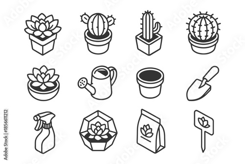 Collection of succulent and cactus icons in black and white line art style.
