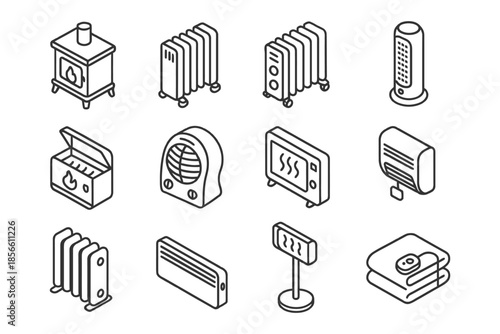 Isometric line art of various heaters and radiators in black and white.