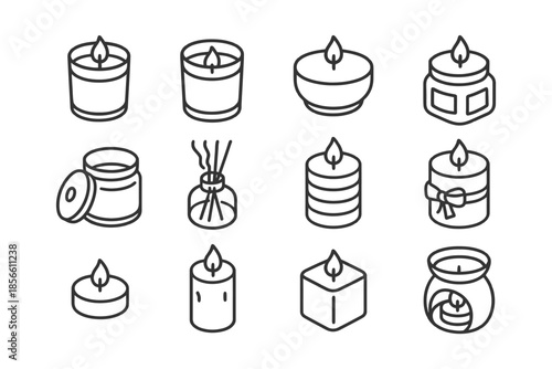 Collection of line art candle designs in various holders and forms.